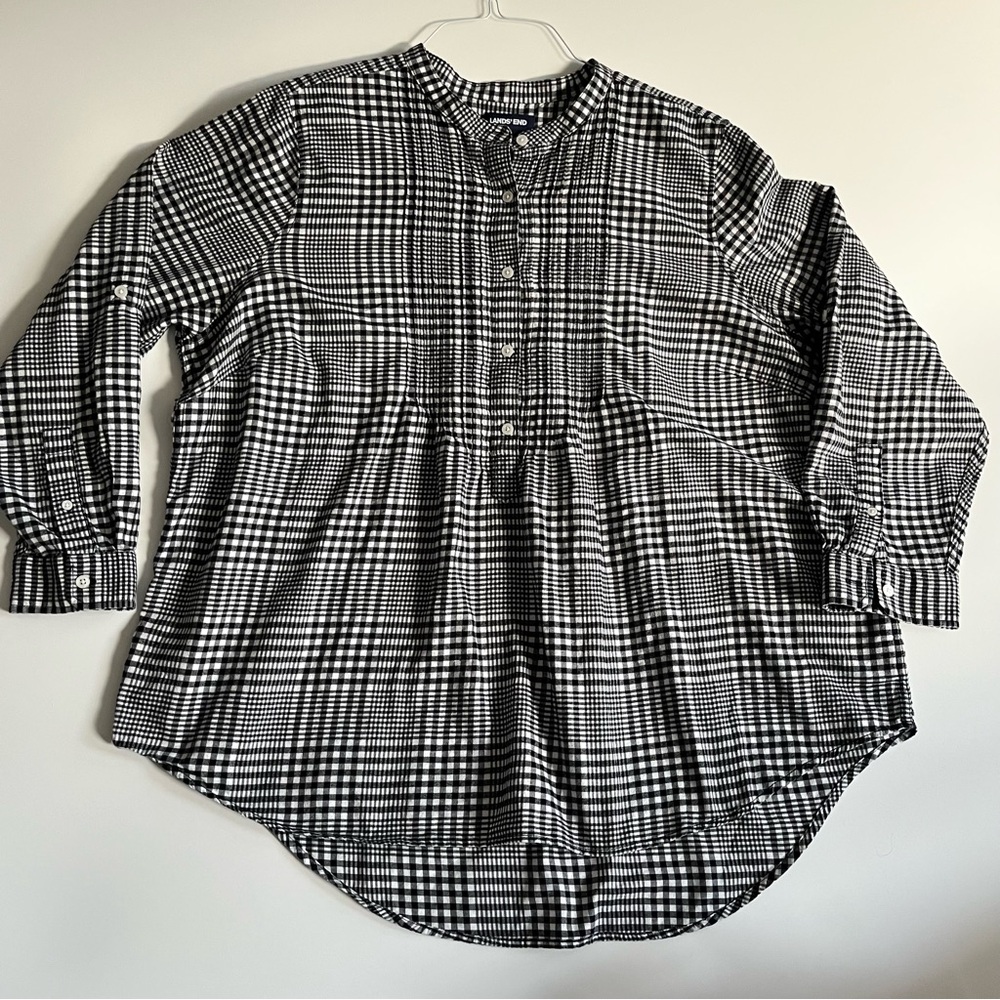Lands End Shirt Blouse Womens Top 22W White Black Plaid Flannel Popover Casual